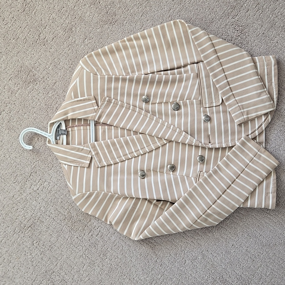 Tan Striped Double-Breasted Knit Blazer